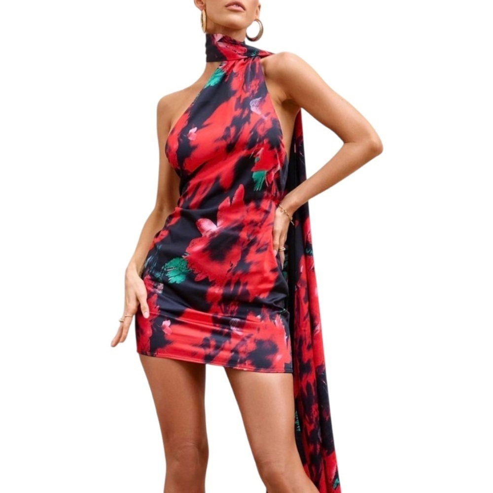 NWT CLUB L LONDON Nasira Black Floral Asymmetric Neck Open Back Mini Dress